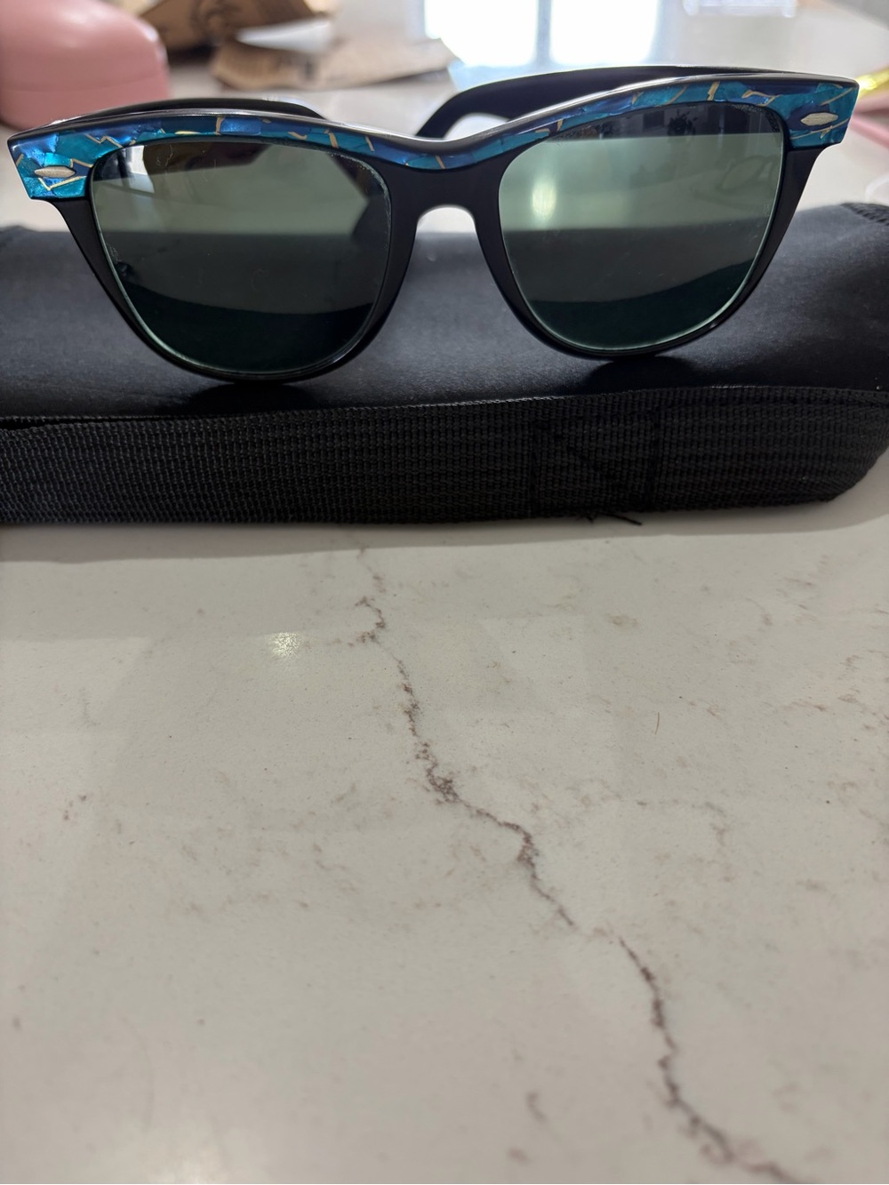 Ray-Ban Black Frame Sunglasses with Blue mosaic Patterned Temples - Picture 3 of 4